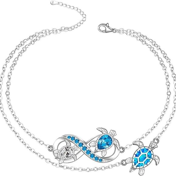Jewelry - Sterling Silver Sea Turtle Anklet Blue Opal Beach Jewelry for Women